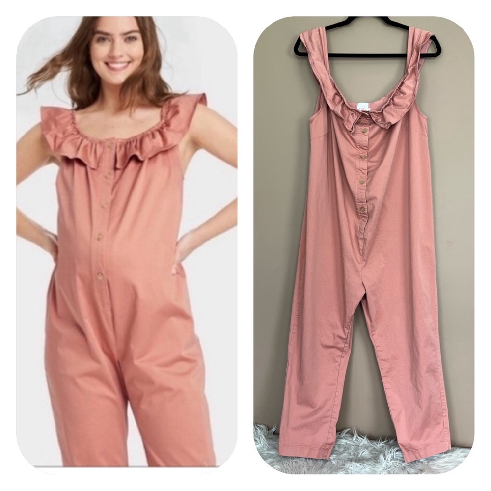 {The Nines by HATCH} Ruffle Trim Maternity Jumpsuit in Pink - Small